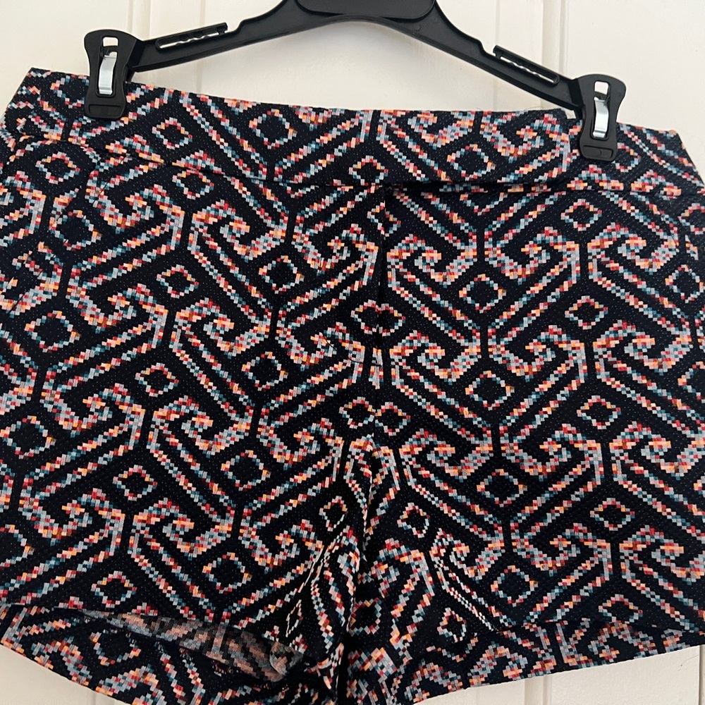 Trina Turk Black High-Waist Shorts with Coral, Light Blue & Pink Mosaic